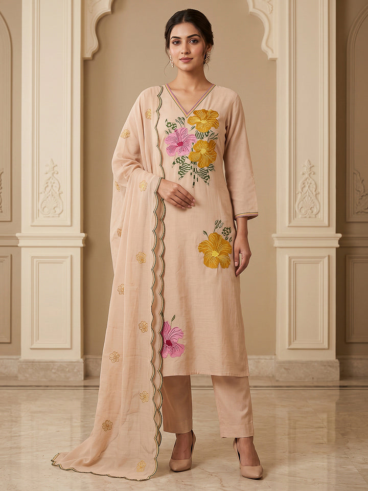 Beige Chanderi Embroidered Unstitched Dress Material