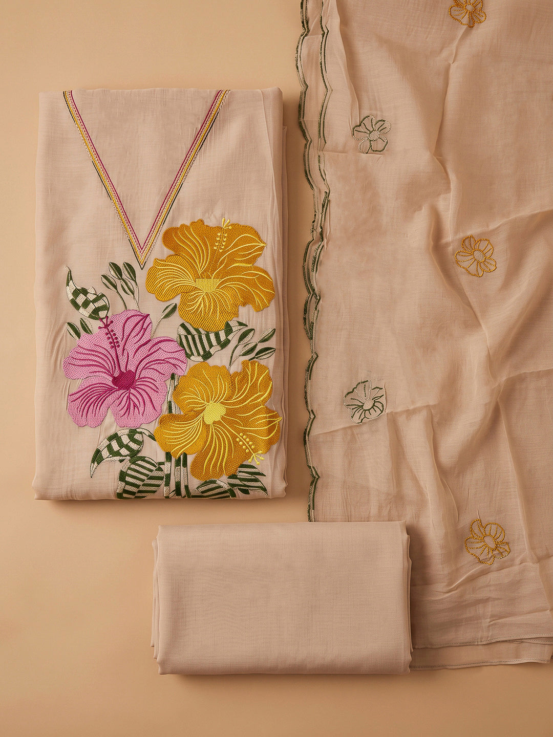 Beige Chanderi Embroidered Unstitched Dress Material