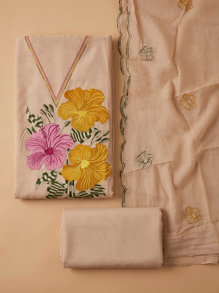 Beige Chanderi Embroidered Unstitched Dress Material
