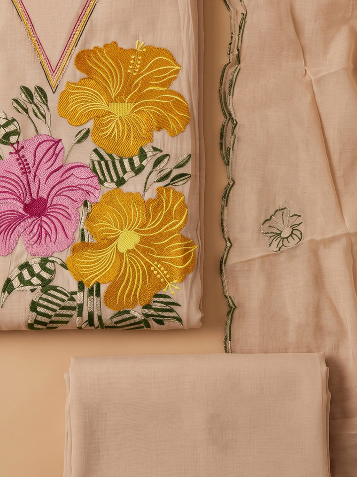 Beige Chanderi Embroidered Unstitched Dress Material