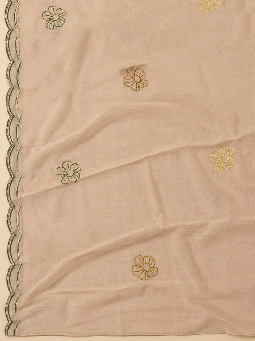 Beige Chanderi Embroidered Unstitched Dress Material