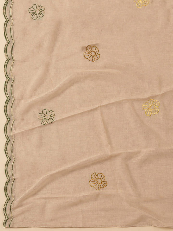 Beige Chanderi Embroidered Unstitched Dress Material