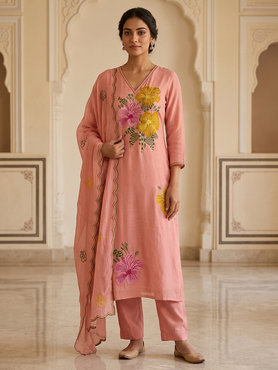 Peach Chanderi Embroidered Unstitched Dress Material