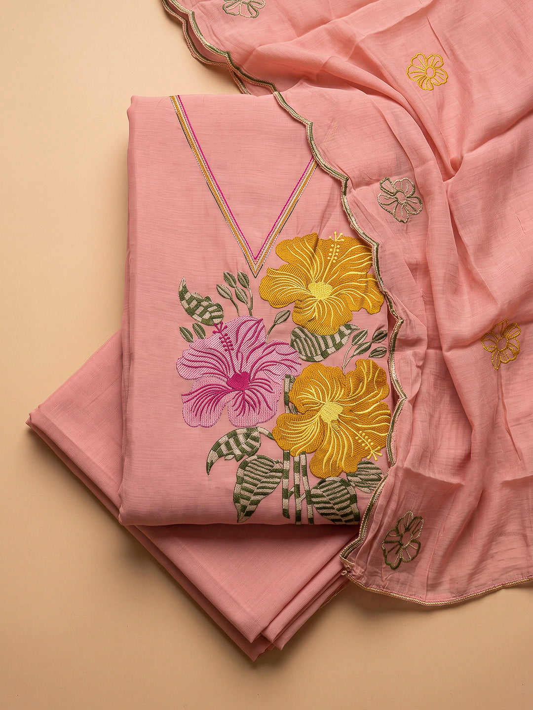 Peach Chanderi Embroidered Unstitched Dress Material