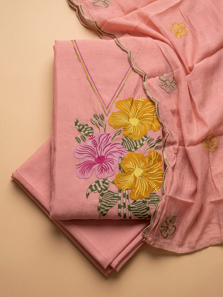 Peach Chanderi Embroidered Unstitched Dress Material