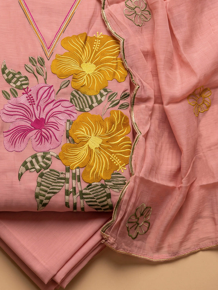 Peach Chanderi Embroidered Unstitched Dress Material