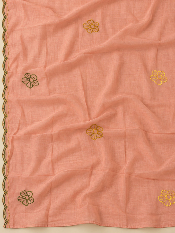 Peach Chanderi Embroidered Unstitched Dress Material
