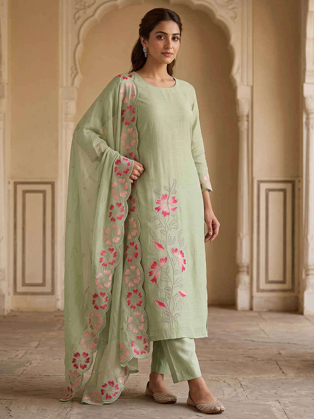 Pista Green Chanderi Embroidered Unstitched Dress Material