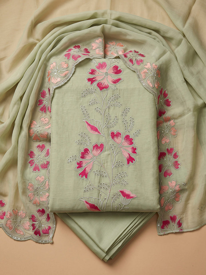 Pista Green Chanderi Embroidered Unstitched Dress Material