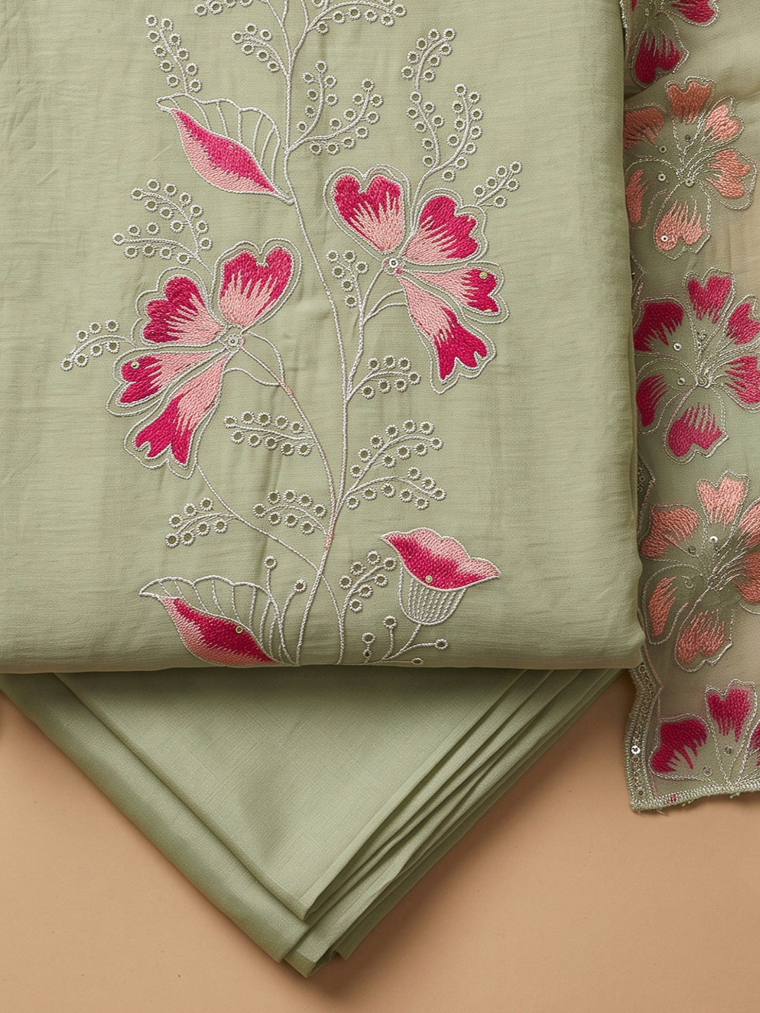 Pista Green Chanderi Embroidered Unstitched Dress Material