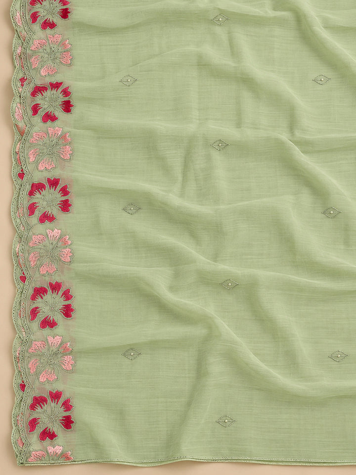 Pista Green Chanderi Embroidered Unstitched Dress Material