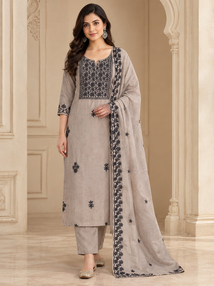 Beige Chanderi Embroidered Unstitched Dress Material