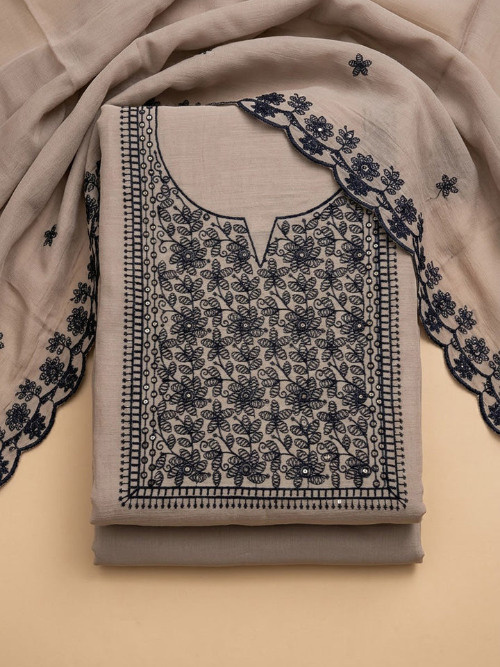 Beige Chanderi Embroidered Unstitched Dress Material