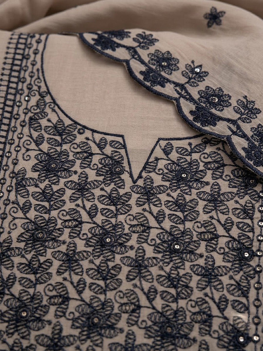 Beige Chanderi Embroidered Unstitched Dress Material