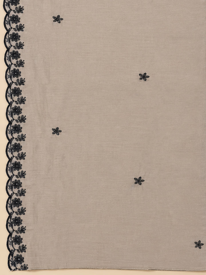 Beige Chanderi Embroidered Unstitched Dress Material