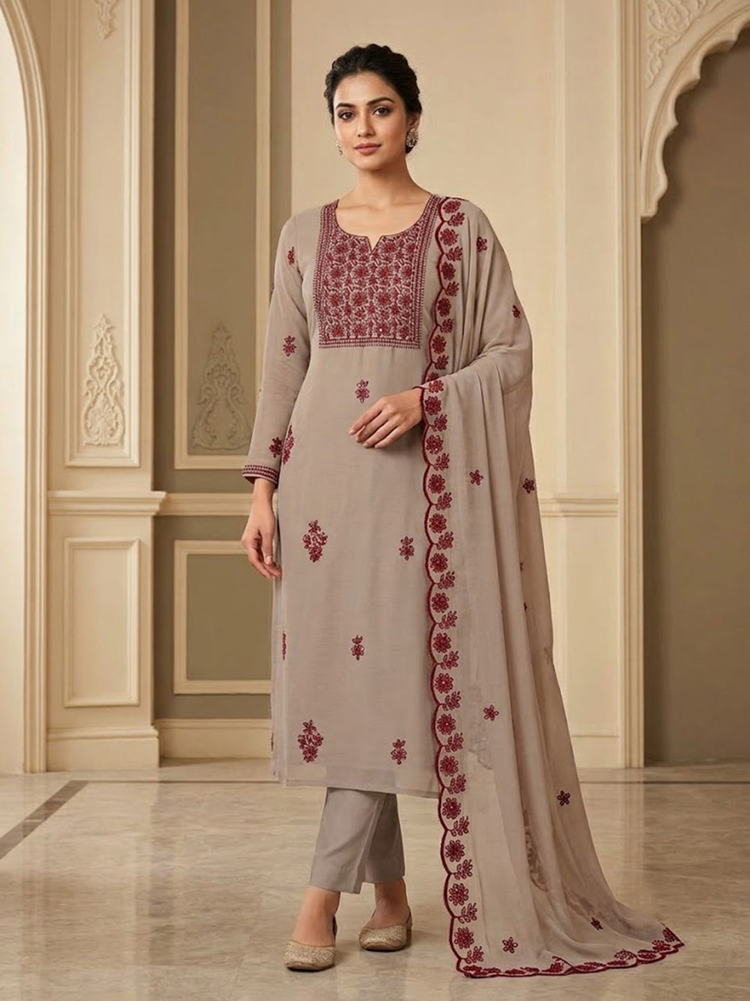 Beige Chanderi Embroidered Unstitched Dress Material