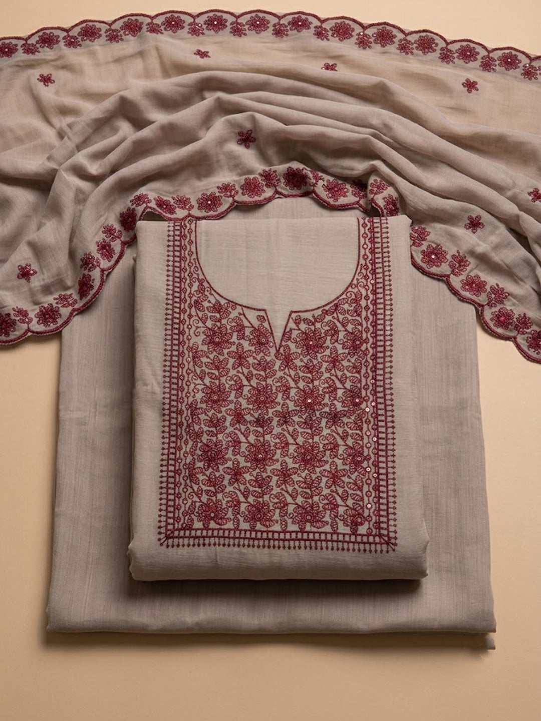 Beige Chanderi Embroidered Unstitched Dress Material