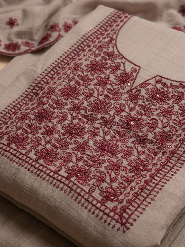 Beige Chanderi Embroidered Unstitched Dress Material