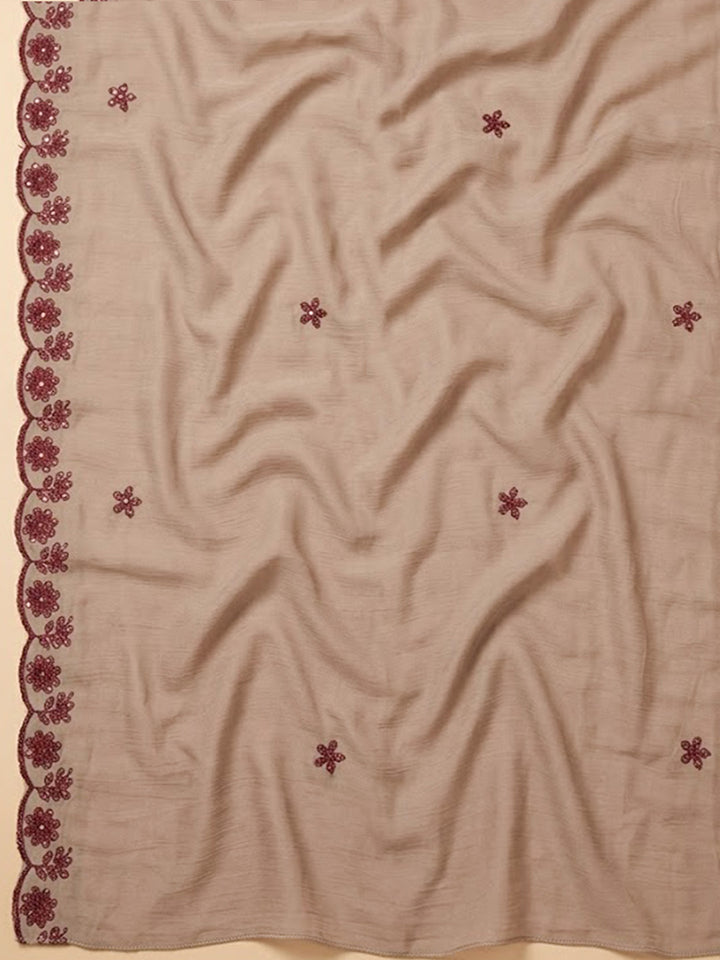 Beige Chanderi Embroidered Unstitched Dress Material