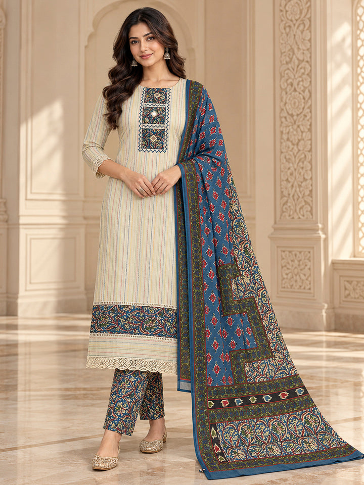 Blue Chanderi Printed Unstitched Dress Material