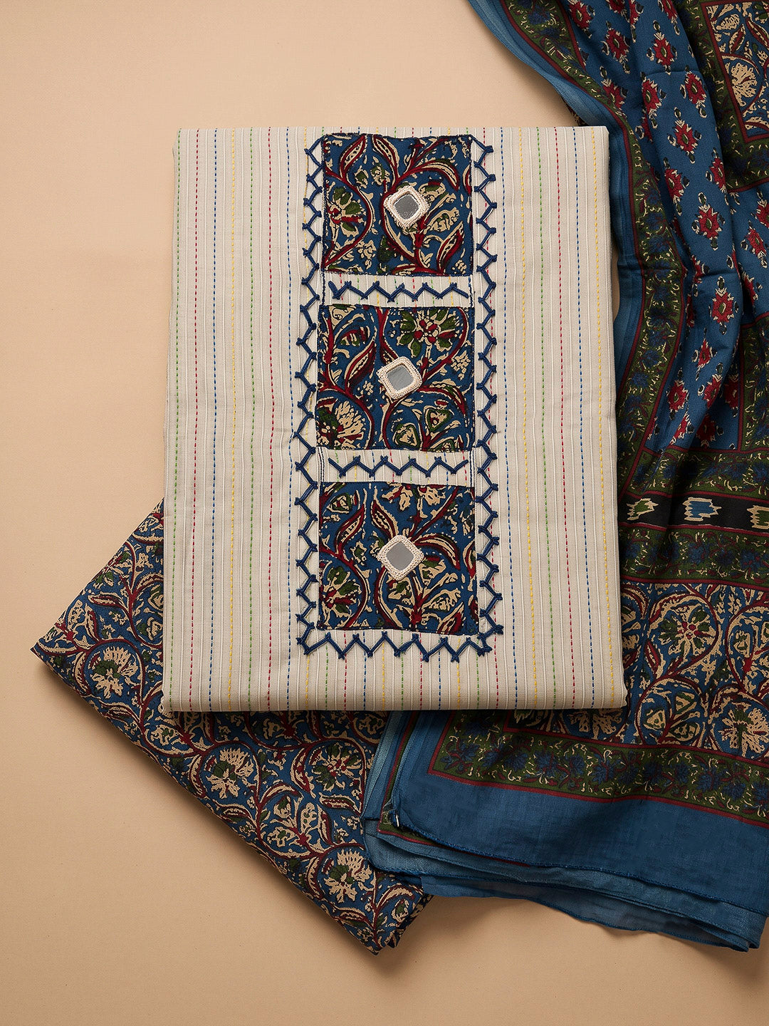 Blue Chanderi Printed Unstitched Dress Material
