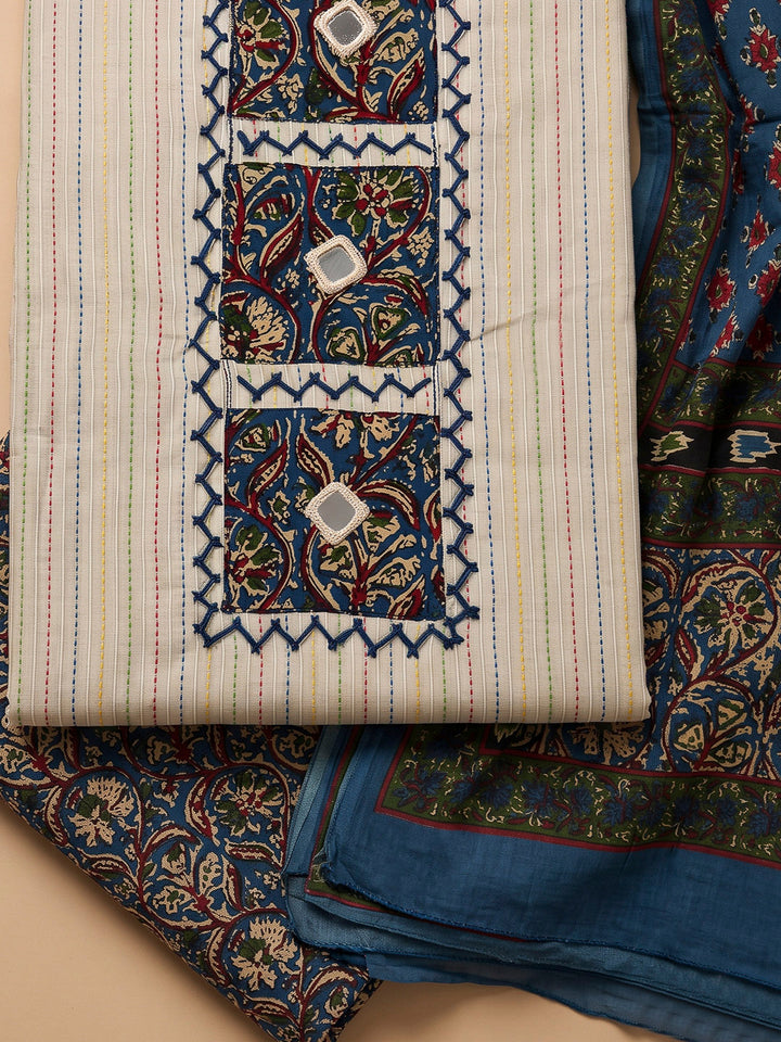 Blue Chanderi Printed Unstitched Dress Material