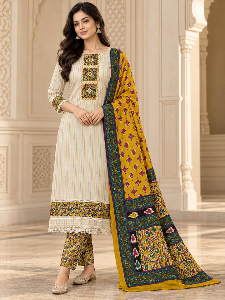 Mustard Chanderi Printed Unstitched Dress Material