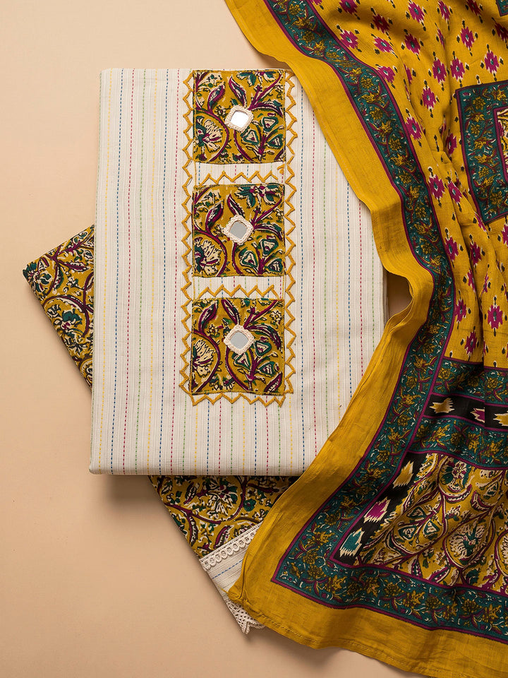 Mustard Chanderi Printed Unstitched Dress Material
