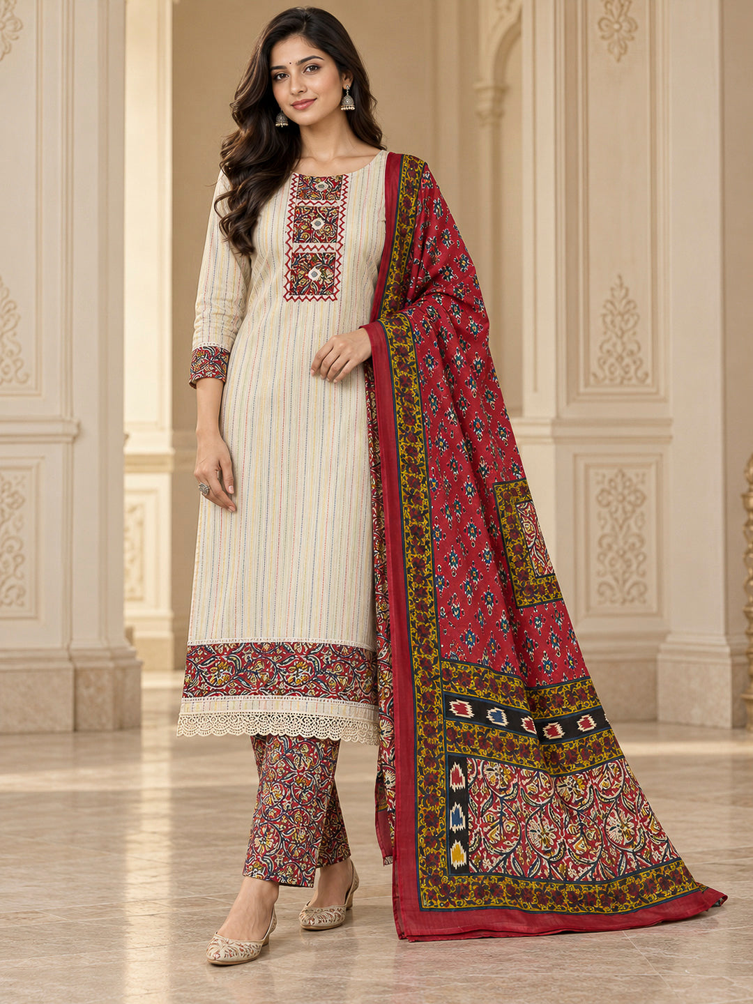 Red Chanderi Printed Unstitched Dress Material
