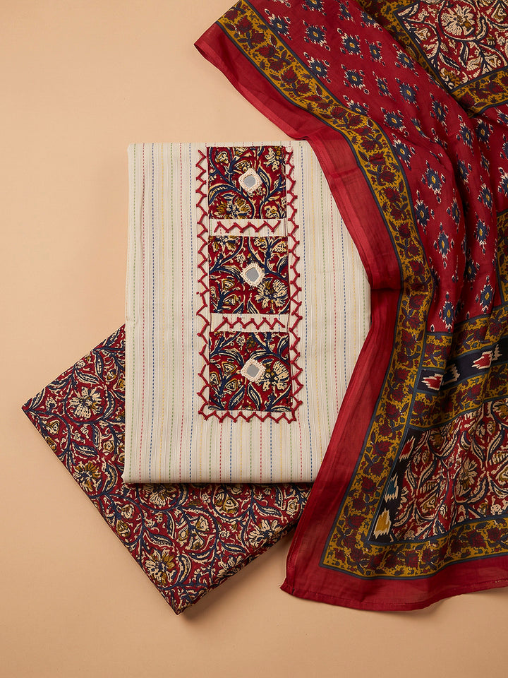 Red Chanderi Printed Unstitched Dress Material