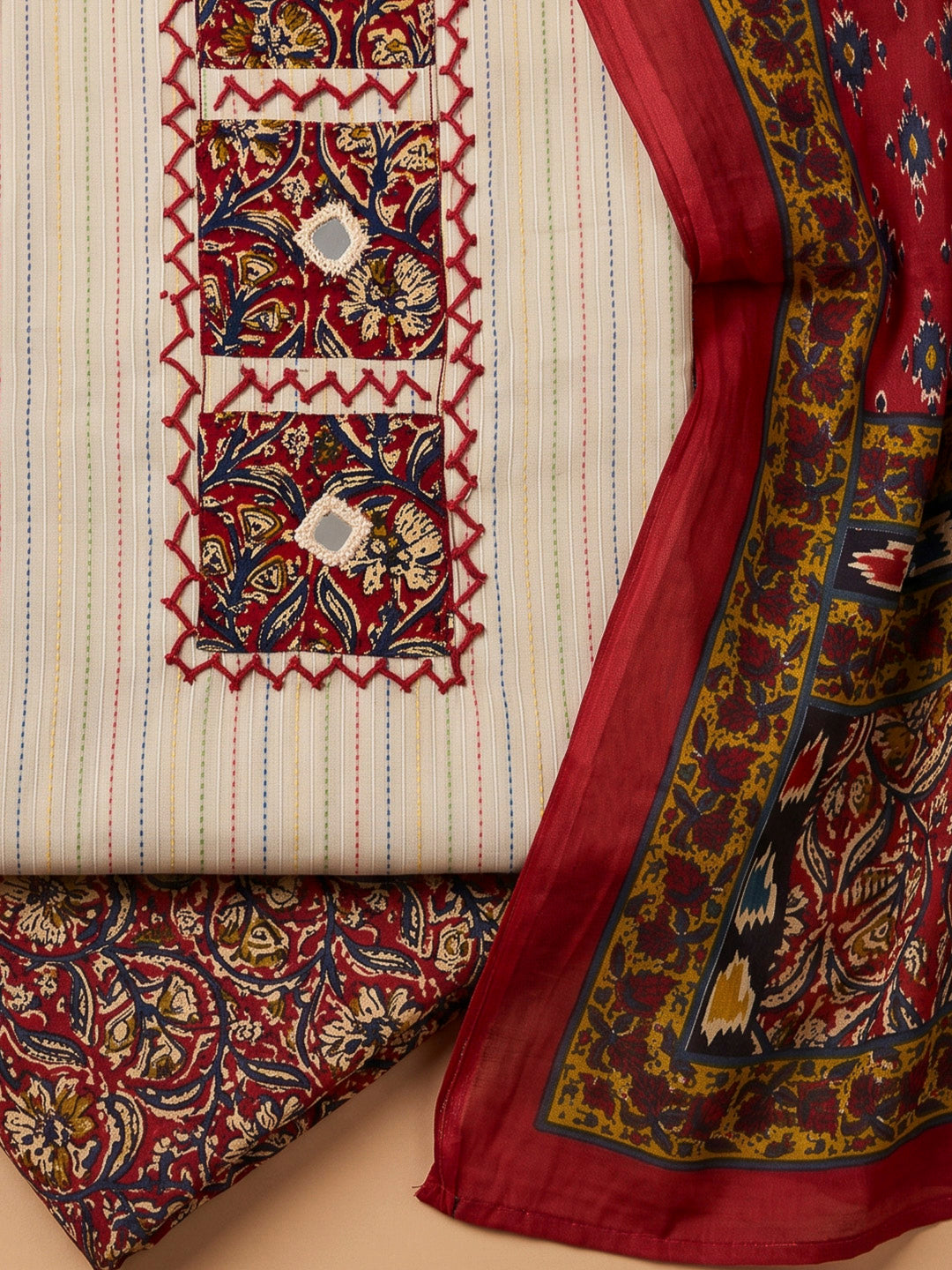 Red Chanderi Printed Unstitched Dress Material