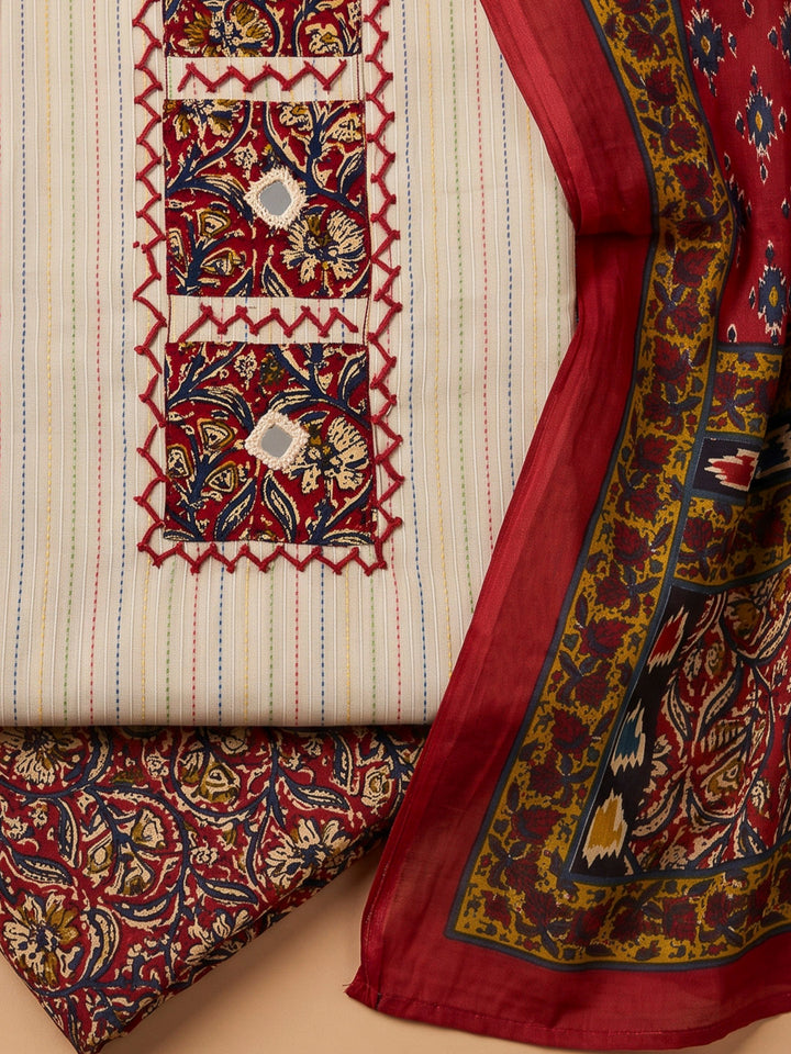 Red Chanderi Printed Unstitched Dress Material