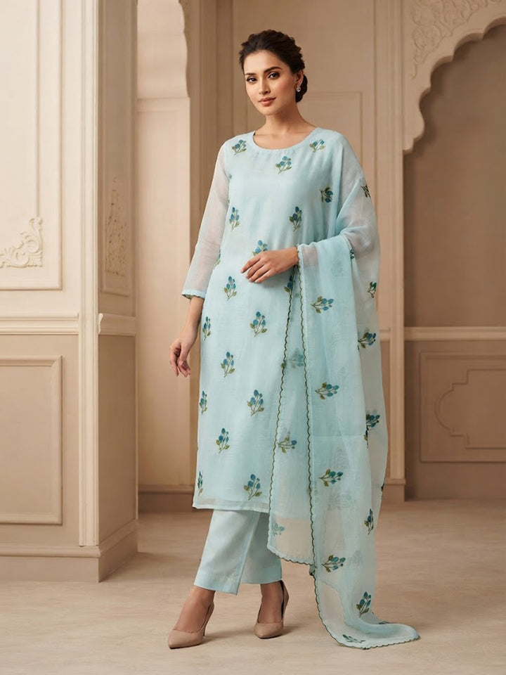 Aqua-Blue Chanderi Woven Design Unstitched Dress Material