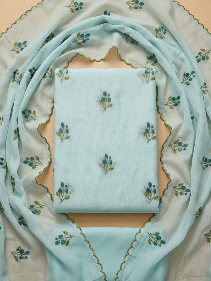 Aqua-Blue Chanderi Woven Design Unstitched Dress Material
