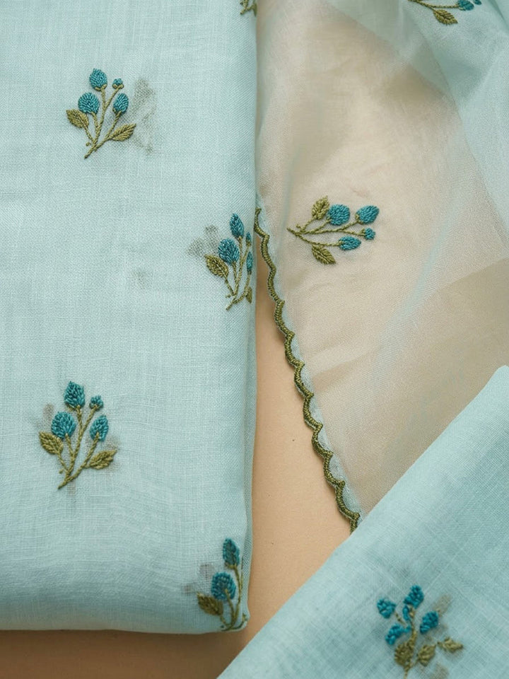 Aqua-Blue Chanderi Woven Design Unstitched Dress Material