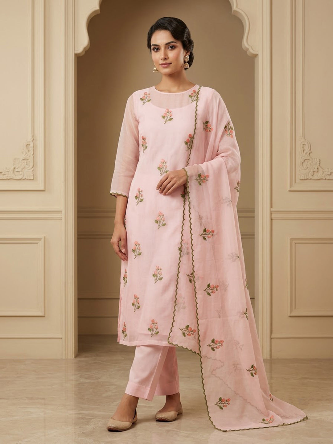 Peach Chanderi Woven Design Unstitched Dress Material