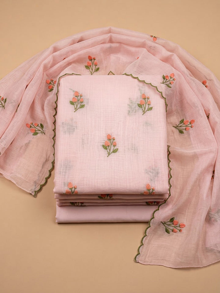 Peach Chanderi Woven Design Unstitched Dress Material