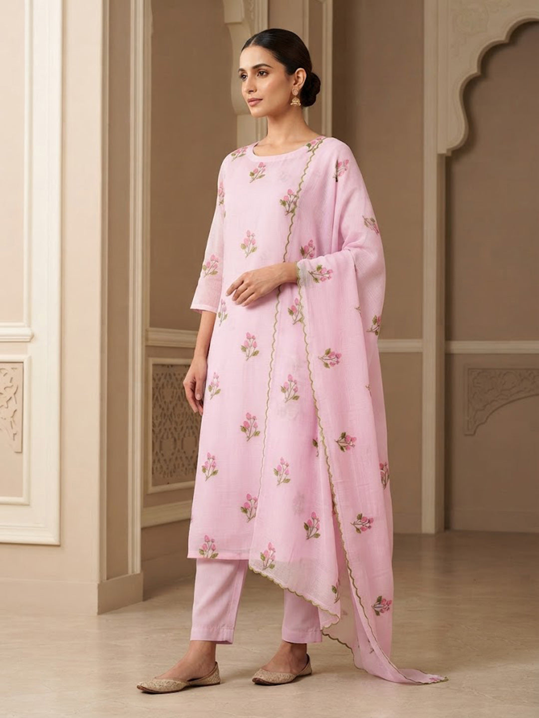 Pink Chanderi Woven Design Unstitched Dress Material