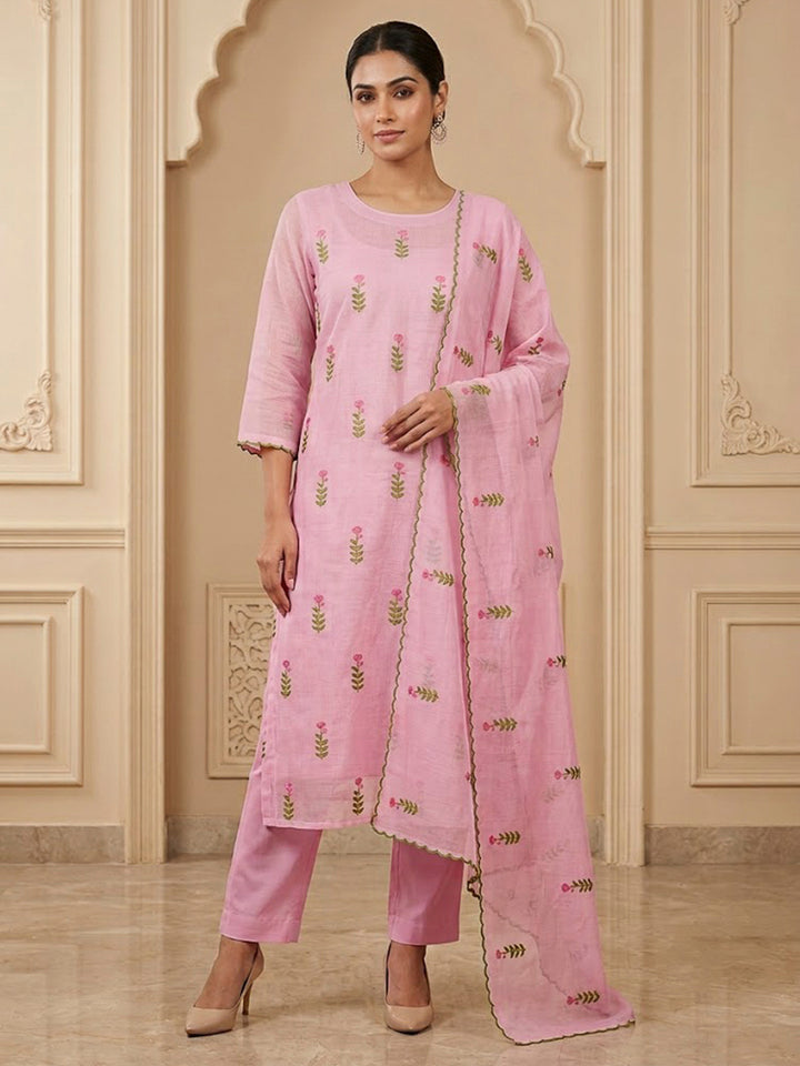 Onion Pink Chanderi Embroidered Unstitched Dress Material