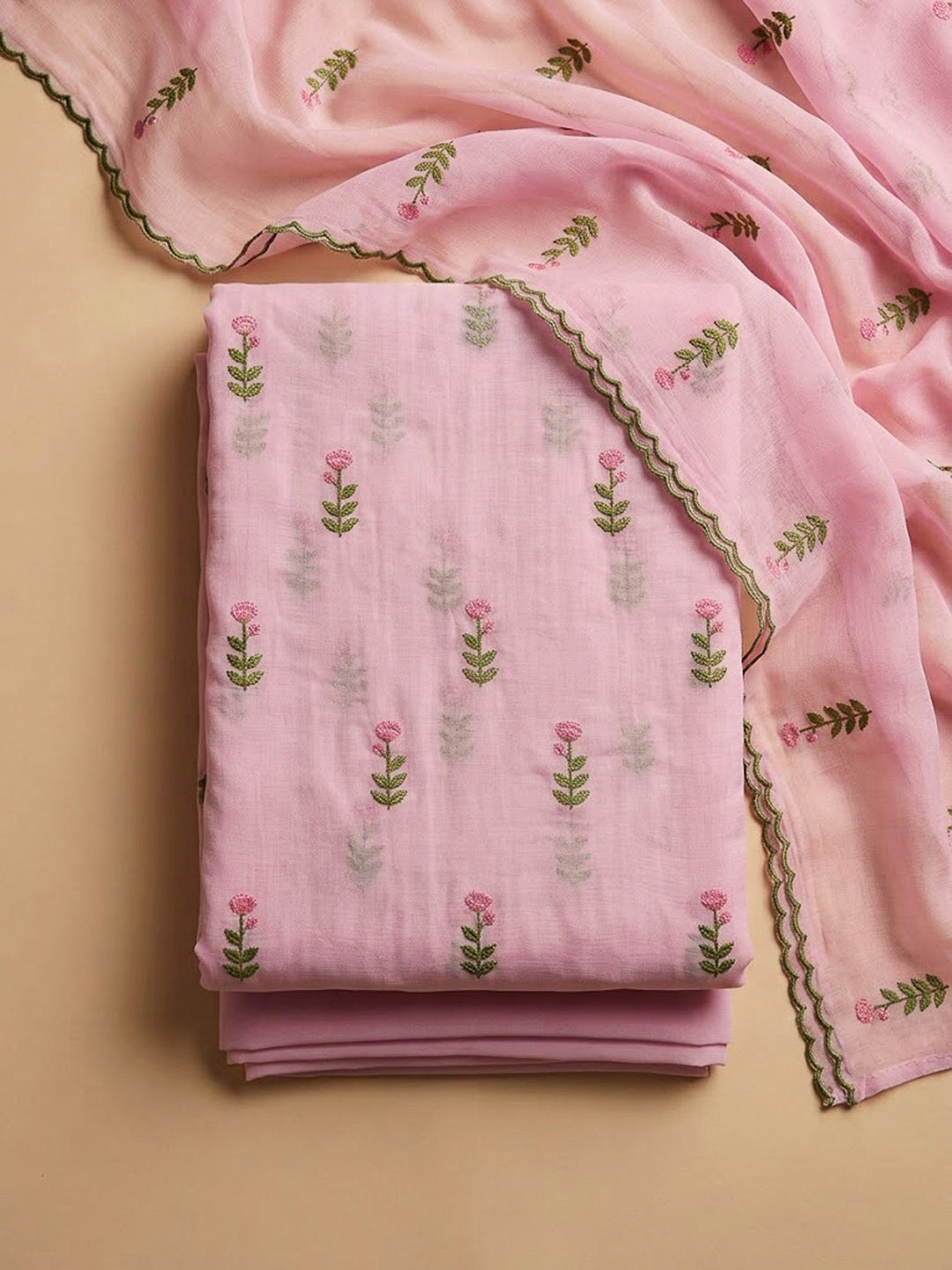 Onion Pink Chanderi Embroidered Unstitched Dress Material