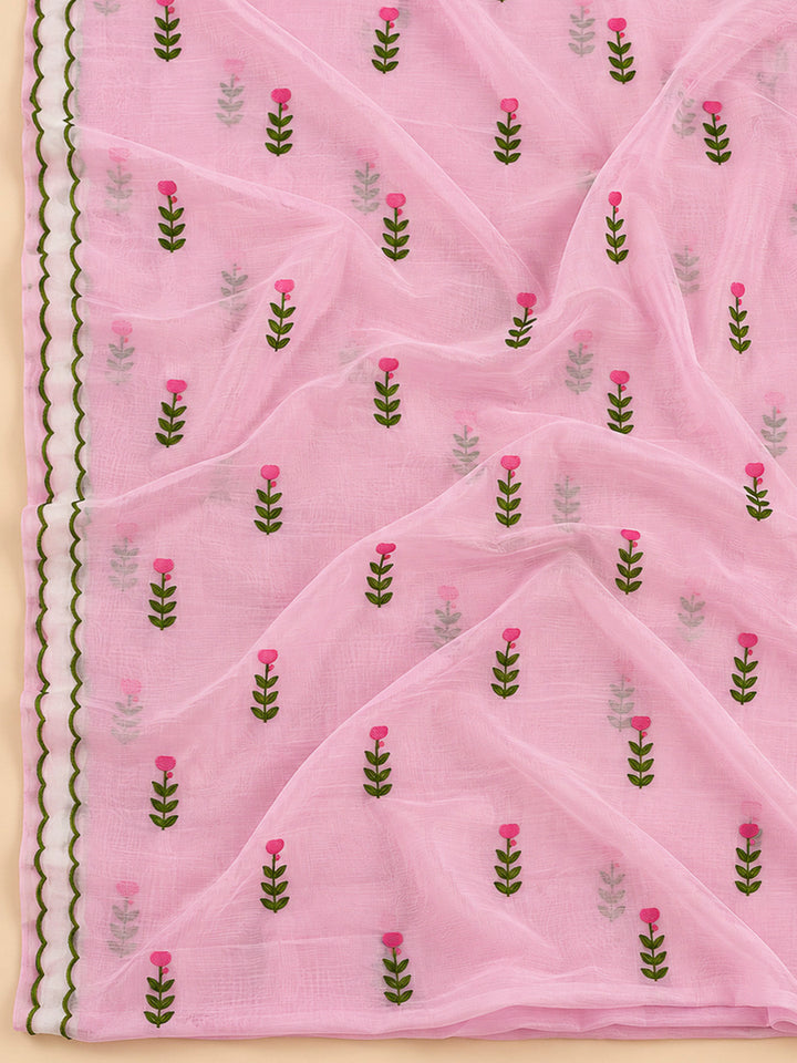 Onion Pink Chanderi Embroidered Unstitched Dress Material