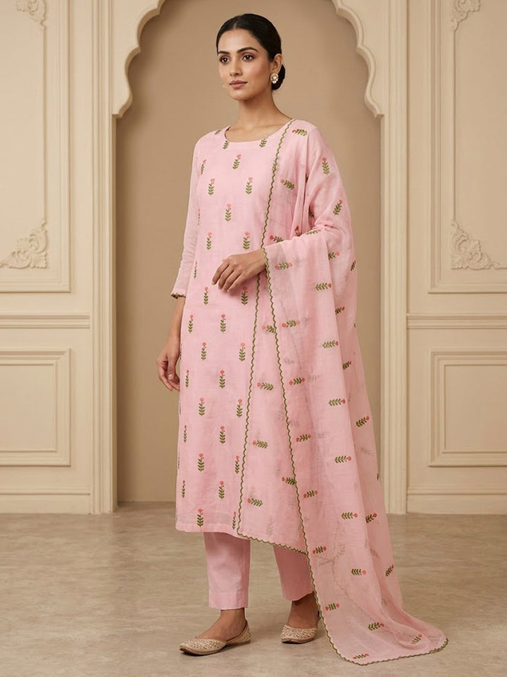 Peach Chanderi Embroidered Unstitched Dress Material