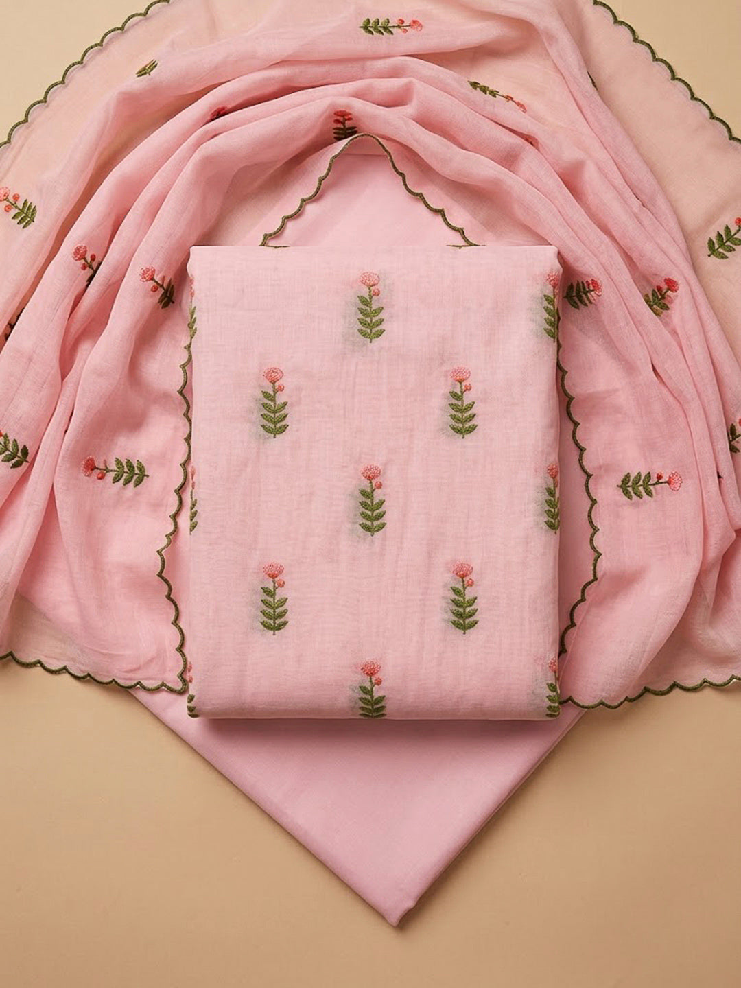 Peach Chanderi Embroidered Unstitched Dress Material