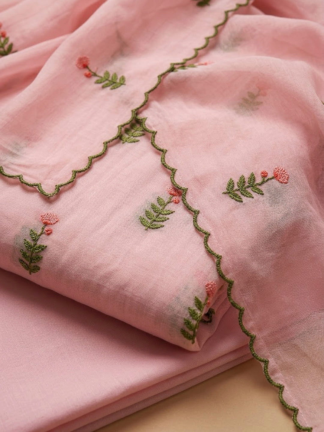 Peach Chanderi Embroidered Unstitched Dress Material