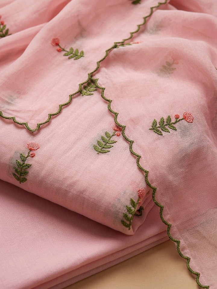 Peach Chanderi Embroidered Unstitched Dress Material