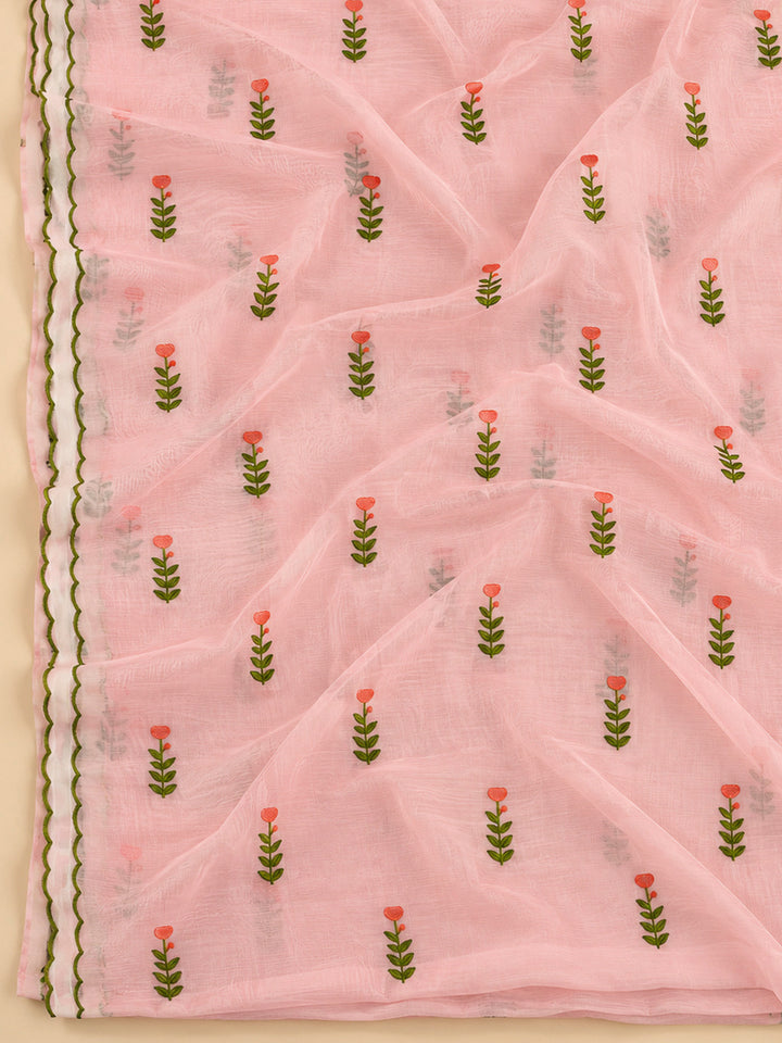 Peach Chanderi Embroidered Unstitched Dress Material