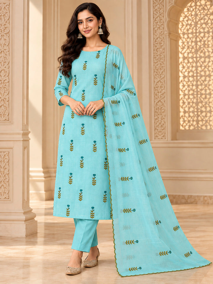 Sky Blue Chanderi Embroidered Unstitched Dress Material