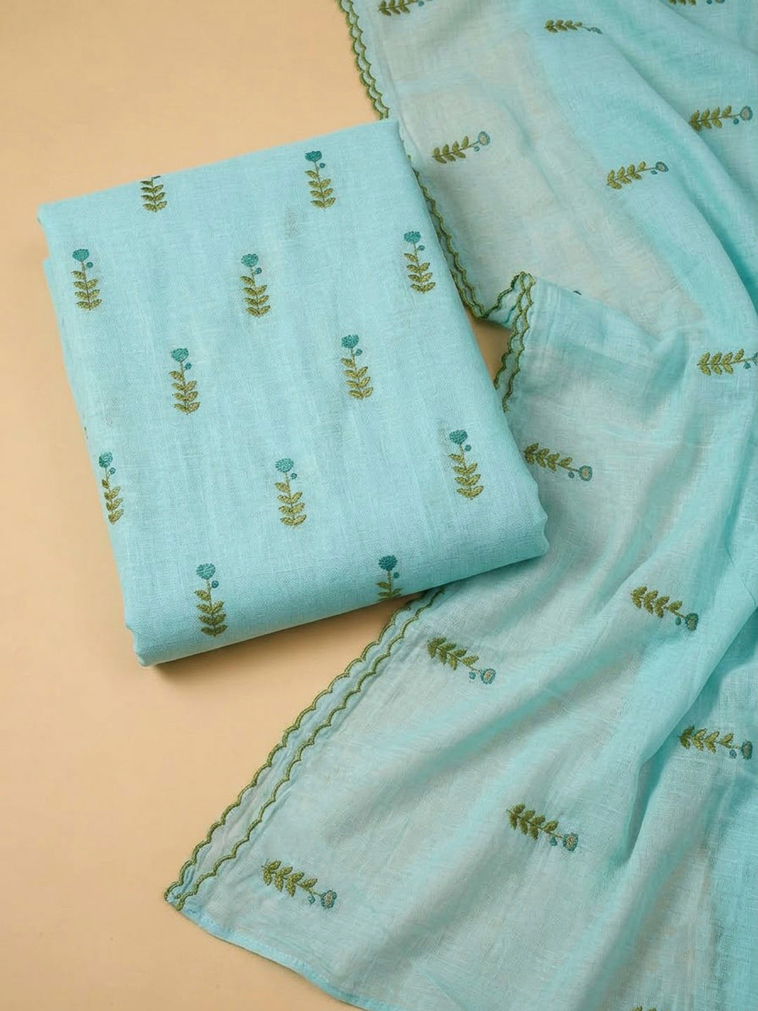Sky Blue Chanderi Embroidered Unstitched Dress Material