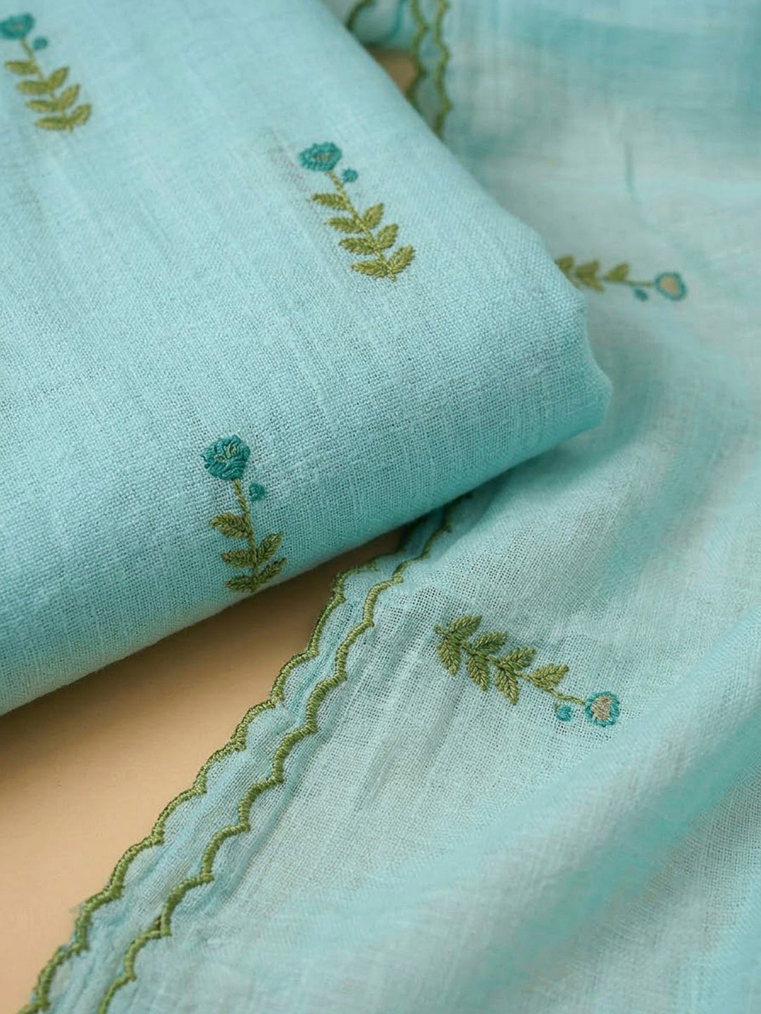 Sky Blue Chanderi Embroidered Unstitched Dress Material