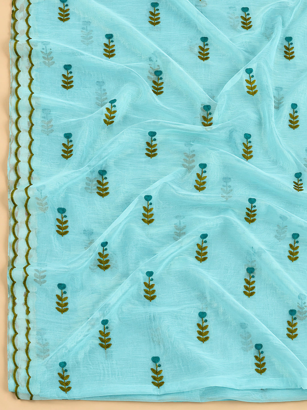 Sky Blue Chanderi Embroidered Unstitched Dress Material